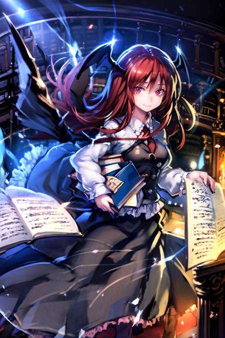 masterpiece, best quality,  <lora:koakuma:1>, <lora:lq:0.6>,1girl, koakuma, solo, book, head wings, wings, long hair, red hair, library, voile, red eyes, bookshelf, bat wings, book stack, too many, holding, flying, pantyhose, holding book, carrying, dress, smile, long sleeves, looking at viewer, floating, necktie, shirt, skirt