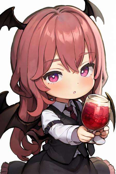 masterpiece, best quality,  <lora:koakuma:1>, chibi,1girl,koakuma, vest,necktie,skirt,wings,simple background, 