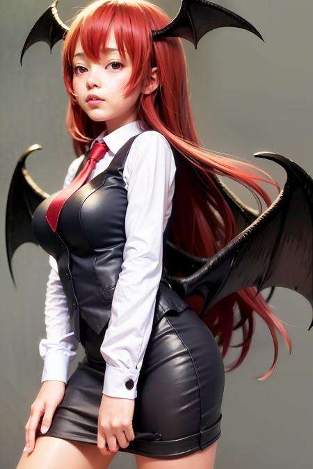 masterpiece, best quality,  <lora:koakuma:1>,1girl,koakuma,large breasts, vest,necktie,skirt,wings,grey background, simple background, 