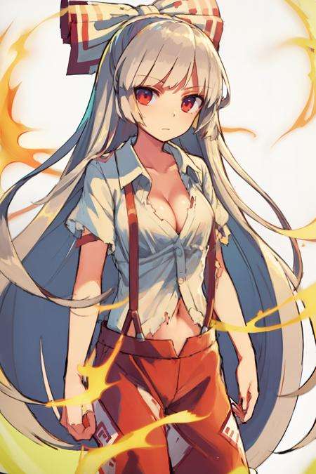 masterpiece, best quality,    <lora:mokou:1>,fire,1girl, very long hair, suspenders,torn clothes,cleavage,navel,swhite shirt,red pants,red eyes, white hair, bow,ribbon, hair bow, pants, hair ribbon,, multiple hair bows ,simple background,<lora:style02:1>