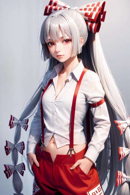 masterpiece, best quality,    <lora:mokou:1>,1girl,  fujiwara no mokou,very long hair,cleavage,navel, suspenders, long sleeves,red eyes, white hair, bow,ribbon, hair bow, pants, hair ribbon, shirt, multiple hair bows,(grey background:1.2), 