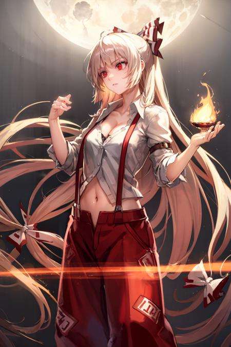 masterpiece, best quality,    <lora:mokou:1>,moon,fire,1girl, very long hair, suspenders,cleavage,navel,swhite shirt,red pants,red eyes, white hair, bow,ribbon, hair bow, pants, hair ribbon,, multiple hair bows ,simple background,<lora:style03:1>