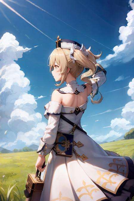 masterpiece, best quality,  <lora:barbara:1>,1girl, barbara (genshin impact), solo, sky, cloud, dress, twintails, outdoors, white dress, blonde hair, hat, drill hair, blue sky, white headwear, twin drills, long sleeves, arm up, detached sleeves, cloudy sky, grass, long hair, day, from behind, scenery, white sleeves, bare shoulders, bangs, cross