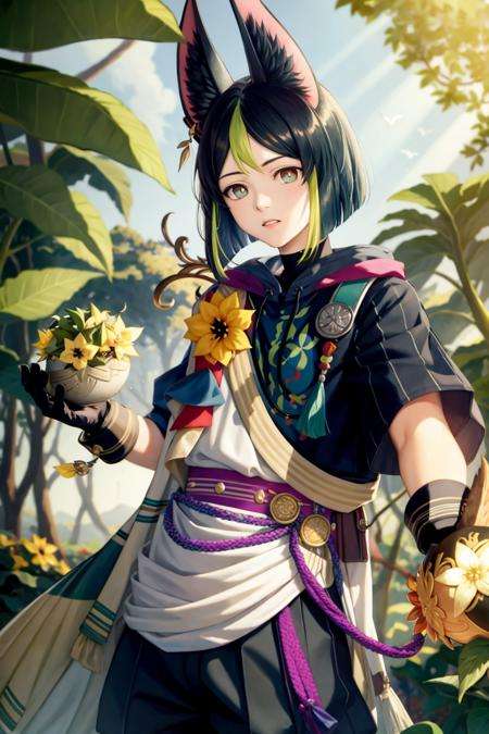 masterpiece, best quality,tighnari (genshin impact), 1boy, animal ears, male focus, multicolored hair, yellow flower, medal, fox ears, black hair, green hair, green eyes, gloves, bird, flower, animal ear fluff, solo, blunt ends, vision (genshin impact), asymmetrical sleeves, fox boy, tassel,(kbxll:0.5)