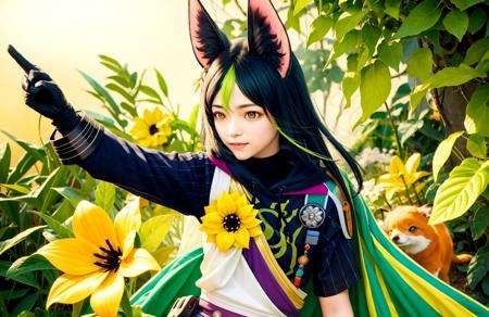 masterpiece, best quality,tighnari (genshin impact),(mature female:1.2),(very long hair:1.5),solo, 1girl, animal ears, female focus, gloves, multicolored hair, yellow flower, fox ears, fox boy, medal, animal ear fluff, black hair, blush, green hair, smile, flower, hood, hair between eyes, single earring,(kbxll:0.6)