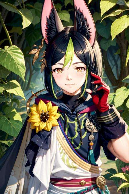 masterpiece, best quality,tighnari (genshin impact), solo, 1boy, animal ears, male focus, gloves, multicolored hair, yellow flower, fox ears, fox boy, closed eyes, medal, animal ear fluff, black hair, blush, green hair, smile, flower, hood, hair between eyes, single earring,(kbxll:0.6)