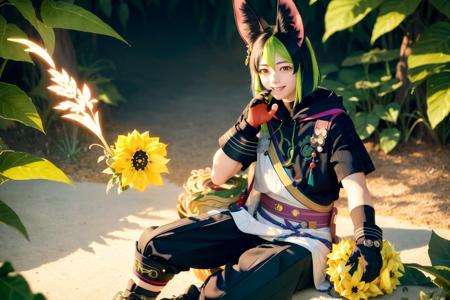 masterpiece, best quality,tighnari (genshin impact), solo, 1boy, animal ears, male focus, gloves, multicolored hair, yellow flower, fox ears, fox boy, medal, animal ear fluff, black hair, blush, green hair, smile, flower, hood, hair between eyes, single earring