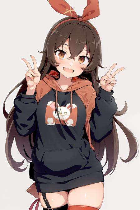 masterpiece, best quality,  <lora:amber:1>, <lora:style04:1>,amber (genshin impact), 1girl, smile, long hair, hood, v, hoodie, looking at viewer, brown hair, thighhighs, double v, solo, long sleeves, red hoodie, white background, bangs, hair between eyes, zettai ryouiki, simple background, grin, goggles, hair ribbon, ribbon, very long hair, cowboy shot, zoom layer, :d, o_o, hood down, brown eyes, open mouth, alternate costume, blush, red thighhighs, red ribbon, crossed bangs, thigh strap, thighs, hands up, drawstring, animal ears, sidelocks, breasts, standing, hairband, teeth, rabbit ears, orange eyes, casual