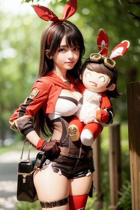 masterpiece, best quality,    <lora:amber:1>,smile, 1girl,doll,goggles on head, long hair,gloves,shorts,brown hair,red thighhighs, cleavage, red ribbon, long sleeves, shrug \(clothing\), jacket,