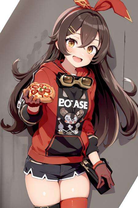 masterpiece, best quality,  <lora:amber:1>, <lora:style04:1>,amber (genshin impact), 1girl, thighhighs, shorts, brown hair, food, long hair, goggles, solo, looking at viewer, smile, open mouth, goggles around neck, hair ornament, pizza, hair between eyes, ribbon, bangs, hair ribbon, white thighhighs, garter straps, brown eyes, short shorts, long sleeves, hood, yellow eyes, red ribbon, holding, hoodie, :d, hairclip, black shorts, crossed bangs, blush, gloves, alternate costume, jacket