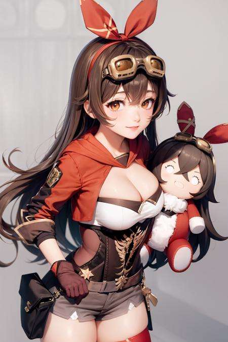 masterpiece, best quality,    <lora:amber:1>,amber \(genshin impact\),smile,doll, 1girl,goggles on head, long hair,gloves,shorts,brown hair,red thighhighs, cleavage, red ribbon, long sleeves, shrug \(clothing\), jacket,pouch,grey background, 