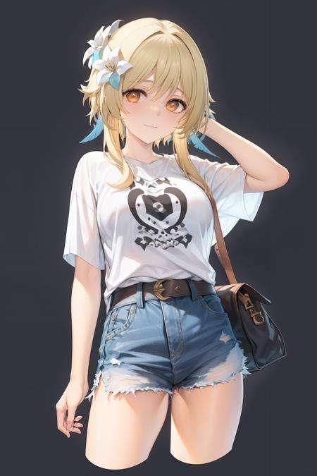 masterpiece, best quality,,<lora:lumine:1>,lumine (genshin impact), shirt, hair flower, flower, paimon (genshin impact), blonde hair, hair ornament, 1girl, denim, v, belt, simple background, grey background, bag, looking at viewer, pants, solo, white flower, smile, short hair with long locks, alternate costume, orange shirt, short sleeves, jeans, t-shirt, bangs, yellow eyes, closed mouth, clothes writing, white hair, cowboy shot, arm up, casual, shoulder bag, sidelocks, orange eyes, hair between eyes, :3, cropped legs, print shirt, feather hair ornament, shorts, character print, black belt, hand up, feathers, yellow shirt, contemporary <lora:style01:1>