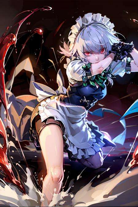 masterpiece, best quality,  <lora:sakuya:1>,<lora:lq:0.8>,1girl, izayoi sakuya, solo, red eyes, knife, braid, twin braids, short hair, all fours, white hair, grey hair, glowing eyes, maid, blood, maid headdress, glowing, perspective, weapon, gloves