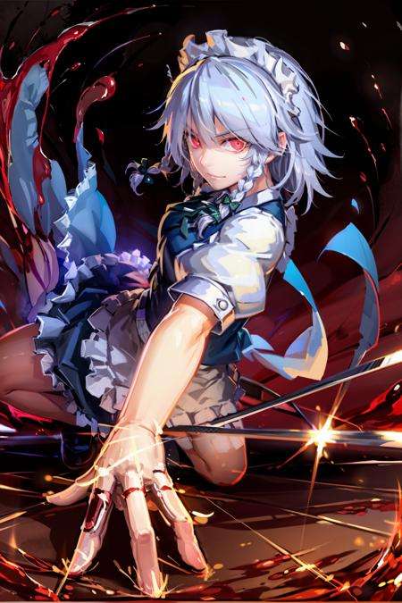 masterpiece, best quality,  <lora:sakuya:1>,<lora:lq:0.5>,1girl, izayoi sakuya, solo, red eyes, knife, braid, twin braids, short hair, all fours, white hair, grey hair, glowing eyes, maid, blood, maid headdress, glowing, perspective, weapon, gloves