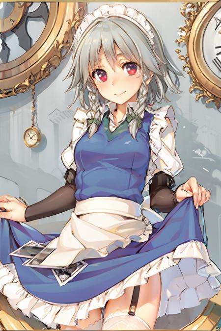 masterpiece, best quality,  <lora:sakuya:1>,1girl, izayoi sakuya, solo, maid headdress, red eyes, grey hair, braid, thighhighs, knife, twin braids, white thighhighs, pocket watch, maid, card, garter straps, smile, playing card, watch, clock, short hair, star (symbol), clothes lift, ribbon, apron, letterboxed, dress, blush, roman numeral, skirt, crescent, moon, looking at viewer, long sleeves, dress lift