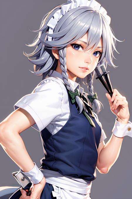 masterpiece, best quality, <lora:sakuya:1>,1girl, smile,izayoi sakuya, knife, blue eyes, maid headdress, braid, grey hair, maid, twin braids, short hair, wrist cuffs, bow, hair bow, holding, short sleeves,  weapon, ribbon, apron,holding knife, (grey background:1.2),(kbxll:0.6)