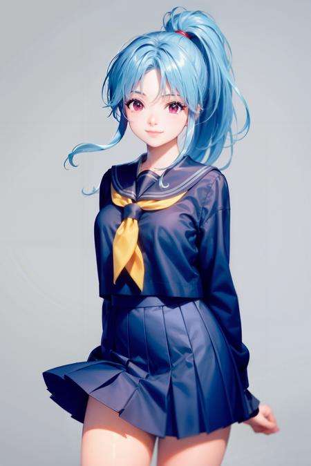 masterpiece, best quality,1girl,smile,chool uniform, serafuku,blue skirt,blue shirt,grey background, (kbxll:0.6)