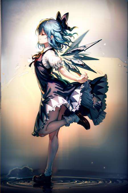 masterpiece, best quality,  <lora:cirno:1>, <lora:lq:0.6>,lqstyle01,1girl, cirno, solo, wings, dress, bow, blue hair, closed eyes, short sleeves, ice, hair bow, ice wings, blue bow, blue dress, puffy sleeves, socks, short hair, white socks, puffy short sleeves, shoes, full body, black footwear, profile, standing on one leg, standing, light particles, chromatic aberration, black background, from side, white shirt, sparkle, leg up, shirt, reflection, closed mouth, simple background, short dress, light, bangs, bobby socks, mary janes, ribbon, breasts, bare legs, outstretched arms, smile, tiptoes