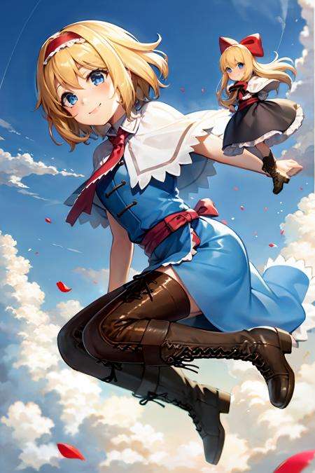 masterpiece, best quality, <lora:alice:1>,blonde hair, hairband, shanghai doll, blue eyes, capelet, boots, 1girl, petals, smile, sky, dress, cloud, solo, sash, bow, hair bow, short hair, cross-laced footwear, day, blue sky, blush, long hair, blue dress, lace-up boots