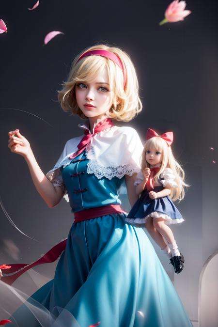 masterpiece, best quality, <lora:alice:1>,doll,blonde hair, hairband, (shanghai doll:1),alice margatroid, blue eyes, capelet, 1girl, petals, smile, dress, solo, sash, bow, hair bow, short hair, long hair, blue dress,grey background, 