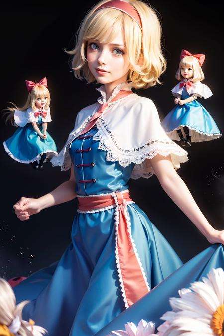 masterpiece, best quality, <lora:alice:1>,doll,blonde hair, hairband, shanghai doll:1,alice margatroid, blue eyes, capelet, 1girl, petals, smile, dress, solo, sash, bow, hair bow, short hair, long hair, blue dress,grey background,