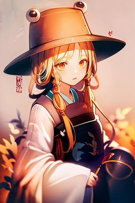 masterpiece, best quality, <lora:suwako:1>,1girl, hat,blonde hair, long hair,hanfu,chinese clothes, 