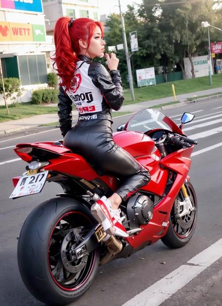 <lora:yhmotorbikev0.9-000001:0.8> far shot,(a woman in a racing outfit), wearing a diamond necklace, red floating hair, driving a colorful yhmotorbike on a city street, feet on stand, (long leg), very detailed, front view