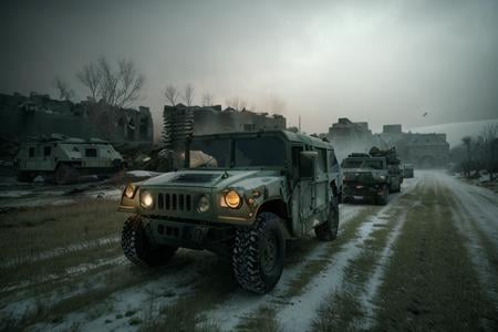 analog gloomy photo of a HUMVEE car,  <lora:humv33:1.0>, driving through a decayed city (at night), ((church ruins)), dilapidated buildings, ((blood and corpses on the snow)), ((winter)), ((snow)), (horror movie), ((nighttime)),  ((green fumes:1.3)), High Detail, Sharp focus, (photorealism), realistic, best quality, 8k, award winning, dramatic lighting, epic, cinematic, masterpiece, rim light, ambient fog:1.2,