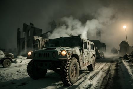 analog gloomy photo of a HUMVEE car,  <lora:humv33:1.0>, driving through a decayed city (at night), ((church ruins)), dilapidated buildings, ((blood and corpses on the snow)), ((winter)), ((snow)), (horror movie), ((nighttime)),  ((green fumes:1.3)), High Detail, Sharp focus, (photorealism), realistic, best quality, 8k, award winning, dramatic lighting, epic, cinematic, masterpiece, rim light, ambient fog:1.2,