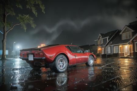 analog gloomy photo of a red Pantera car,  <lora:p4nt3r4:0.9>, parked in the suburb houses, american dream suburbs, ((at night)), ((heavy rain)), ((nighttime)),  splashing, High Detail, Sharp focus, (photorealism), realistic, best quality, 8k, award winning, dramatic lighting, epic, cinematic, masterpiece, rim light, ambient fog:1.3, dutch angle, wide angle lens, skinny shutter,