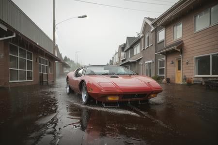 analog gloomy photo of a red Pantera car,  <lora:p4nt3r4:0.9>, escaping the town, american dream suburbs, ((at night)), drifting, sliding, ((heavy rain)), ((nighttime)),  splashing, horror movie, High Detail, Sharp focus, (photorealism), realistic, best quality, 8k, award winning, dramatic lighting, epic, cinematic, masterpiece, rim light, ambient fog:1.3, dutch angle, wide angle lens, skinny shutter,