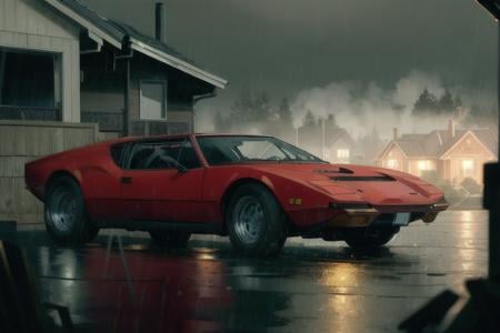 analog gloomy photo of a red Pantera car,  <lora:p4nt3r4:0.9>, parked overlooking a house in the suburbs, american dream suburbs, ((at night)), ((heavy rain)), ((nighttime)),  splashing, horror movie, High Detail, Sharp focus, (photorealism), realistic, best quality, 8k, award winning, dramatic lighting, epic, cinematic, masterpiece, rim light, ambient fog:1.3, dutch angle, wide angle lens, skinny shutter,