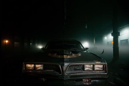 analog gloomy photo of a ((black car, <lora:tr4ns4m:1>)), (city streets (at night)), abandoned buildings, graffiti, ((nighttime)), horror, midnight, High Detail, Sharp focus, (photorealism), realistic, best quality, 8k, award winning, dramatic lighting, epic, cinematic, masterpiece, rim light, (ambient fog:1.3), volumetric lights:0.5, dutch angle, depth of field,