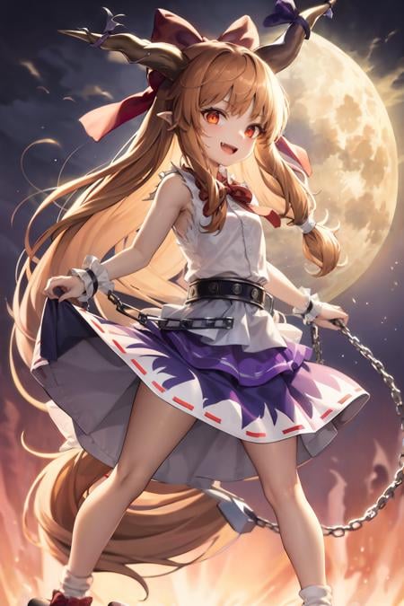 masterpiece, best quality,   <lora:suika:1>,1girl, solo, ibuki suika, horns, long hair, chain, skirt, bow, horn ornament, ribbon, shirt, sleeveless, cube, hair bow, looking at viewer, horn ribbon, red eyes, low-tied long hair, sleeveless shirt, full body, red bow, belt, orange hair, socks, white shirt, torn sleeves, wrist cuffs, shoes, blue skirt, white socks, white background, standing, very long hair, ball and chain restraint, orange eyes, cuffs, torn clothes, moon, shackles, oni, footwear bow, horn bow, open mouth, covering mouth, smile, bangs, purple skirt, blonde hair, oni horns