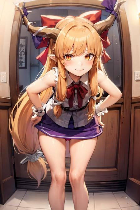 masterpiece, best quality,   <lora:suika:1>,indoors,bathroom,1girl, solo, underwear, panties, ibuki suika, long hair, horns, panty pull, blush, pointy ears, bow, pink panties, hair bow, orange hair, very long hair, looking at viewer, horn ribbon, red eyes, horn ornament, sleeveless, skirt, low-tied long hair, ribbon, bent over, undressing, sketch, blonde hair, wrist cuffs, orange eyes, smile, shirt, leaning forward