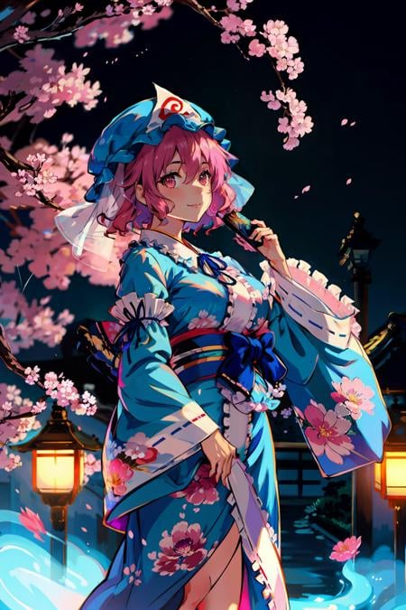 masterpiece, best quality, <lora:yuyuko:1>,1girl, saigyouji yuyuko, pink hair, hat, solo, hand fan, triangular headpiece, butterfly, cherry blossoms, japanese clothes, bug, mob cap, kimono, short hair, long sleeves, pink eyes, folding fan, wide sleeves, blue kimono, smile, holding fan, hitodama, holding, frills, sash, petals, ghost, branch, blue headwear, ribbon, breasts, obi, blue bow, bow, closed mouth, dress, hair between eyes, hand up, blue ribbon, blue dress, wavy hair, blurry, medium breasts, frilled kimono, looking at viewer, sleeve garter, veil, from side, bangs, folded fan, medium hair, flower, tree, neck ribbon, red eyes, depth of field, frilled sleeves, floral print, standing, light smile, looking up