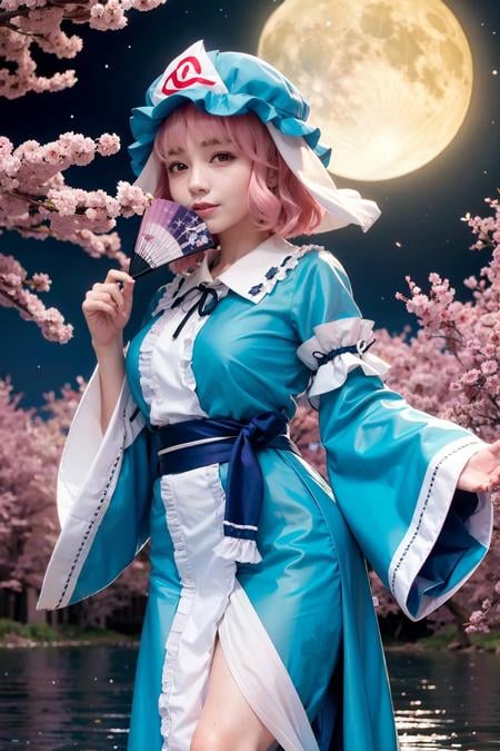 masterpiece, best quality, <lora:yuyuko:1>,1girl, solo, saigyouji yuyuko, butterfly, bug, moon, hat, hand fan, folding fan, full moon, pink hair, letterboxed, triangular headpiece, night, pink eyes, folded fan, short hair, tree, japanese clothes, sash, water, sky, wide sleeves, smile, dress, ribbon, tabi, obi, long sleeves, night sky