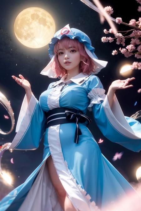 masterpiece, best quality, <lora:yuyuko:1>,1girl, solo, saigyouji yuyuko, butterfly, bug, moon, hat, hand fan, folding fan, full moon, pink hair, letterboxed, triangular headpiece, night, pink eyes, folded fan, short hair, tree, japanese clothes, sash, water, sky, wide sleeves, smile, dress, ribbon, tabi, obi, long sleeves, night sky