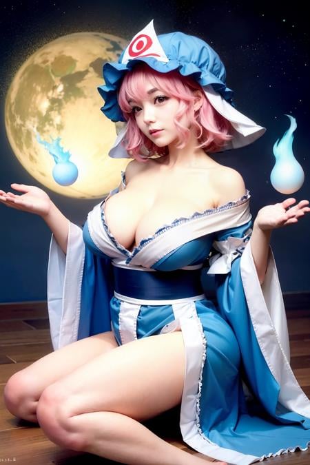 masterpiece, best quality, <lora:yuyuko:1>,1girl, saigyouji yuyuko, cleavage,bare shoulders,full body