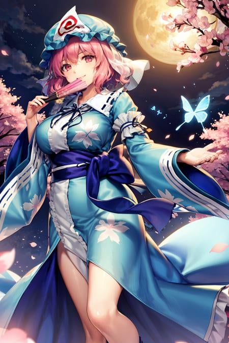 masterpiece, best quality, <lora:yuyuko:1>,1girl, saigyouji yuyuko, solo, pink hair, pink eyes, hexagon, cherry blossoms, japanese clothes, wide sleeves, butterfly, bug, danmaku, hand fan, petals, no headwear, long sleeves, short hair, sash, folding fan, spell card, triangular headpiece, dress, kimono, smile, ribbon, blue dress, moon, obi, frills, sandals, floral print, hat, red eyes