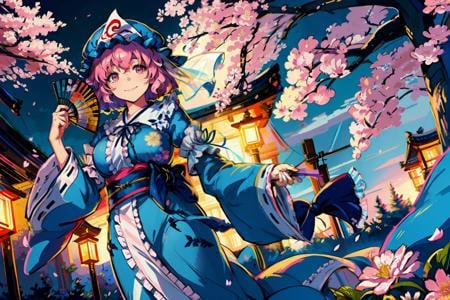 masterpiece, best quality, <lora:yuyuko:1>,1girl, saigyouji yuyuko, butterfly, bug, solo, pink hair, hand fan, hat, cherry blossoms, pink eyes, short hair, triangular headpiece, tree, japanese clothes, folding fan, petals, wide sleeves, sash, smile, kimono, long sleeves, mob cap, looking at viewer, obi, dress, frills, breasts, night, dutch angle, blue dress, yellow eyes, veil, blue kimono, holding, ribbon, glowing, medium breasts