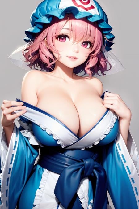 masterpiece, best quality, <lora:yuyuko:1>,1girl, saigyouji yuyuko,cleavage,bare shoulders, grey background, smile,(kbxll:0.6)