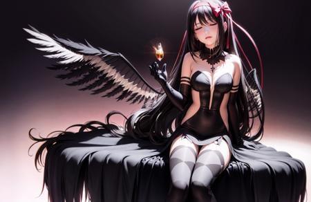 masterpiece, best quality,de-homura, 1girl, akemi homura, akuma homura, long hair, black hair, closed eyes, solo, thighhighs, gloves, dress, elbow gloves, black gloves, bow, hair bow, bare shoulders, argyle, wings, very long hair,(kbxll:0.6)