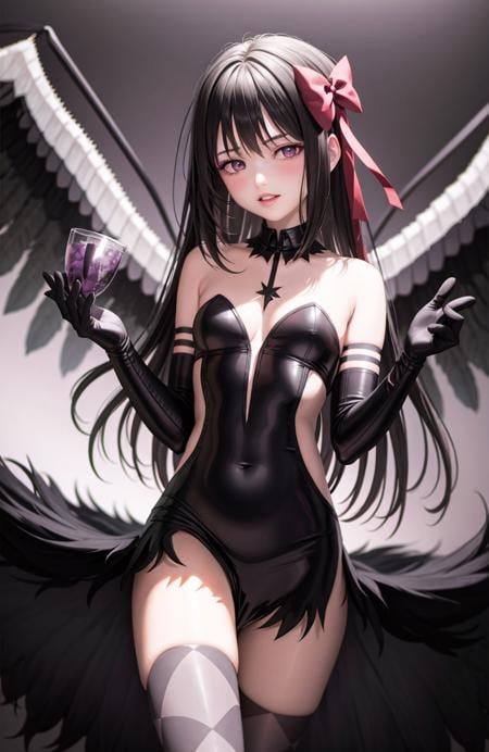 masterpiece, best quality,de-homura, 1girl, akemi homura, akuma homura, solo, long hair, gloves, thighhighs, black hair, wings, elbow gloves, argyle, purple eyes, black gloves, bare shoulders, dress, bow, hair bow, looking at viewer, argyle legwear,(kbxll:0.6)