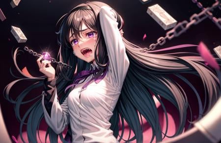 masterpiece, best quality,bp-homura, 1girl, akemi homura, long hair, purple eyes, black hair, solo, chain, hairband, tears, open mouth,(kbxll:0.4)