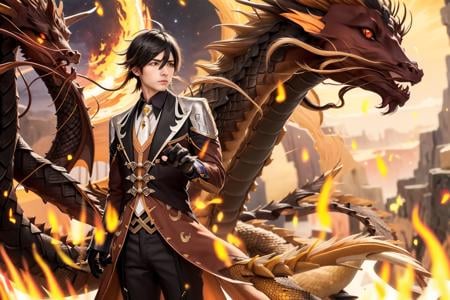 masterpiece, best quality,zhongli (genshin impact), 1boy, male focus, long hair, brown hair, gloves, multicolored hair, black gloves, bangs, weapon, ponytail, polearm, jewelry, solo, (dragon:1.4), formal, earrings, hair between eyes, long sleeves, yellow eyes, jacket, suit, necktie, shirt, collared shirt, single earring, spear, gradient hair, tassel earrings, tassel, closed mouth, arm behind back, looking at viewer, pants