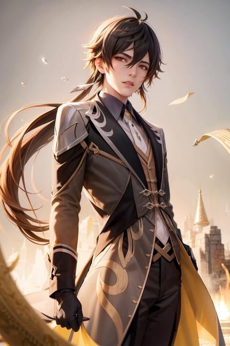 masterpiece, best quality,zhongli (genshin impact), male focus, jewelry, long hair, 1boy, solo, earrings, bangs, gloves, ponytail, black gloves, multicolored hair, brown hair, hair between eyes, single earring,  jacket, tassel earrings, long sleeves, tassel, looking at viewer, yellow eyes,gradient hair, suit, black hair,  (grey background:1.4),(kbxll:0.6)