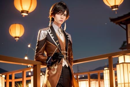 masterpiece, best quality,zhongli (genshin impact),(uncle:0), long hair, 1boy, male focus, sky, solo, brown hair, lantern, single earring, night, gloves, tassel, bangs, black gloves, jewelry, tassel earrings, ponytail, arm behind back, hair between eyes, jacket, long sleeves, yellow eyes, earrings, multicolored hair, shirt, necktie, collared shirt, formal, night sky, cloud, looking at viewer, mountain, suit, floating object, outdoors, watercraft, paper lantern, closed mouth, pants, star (sky), gradient hair, ocean