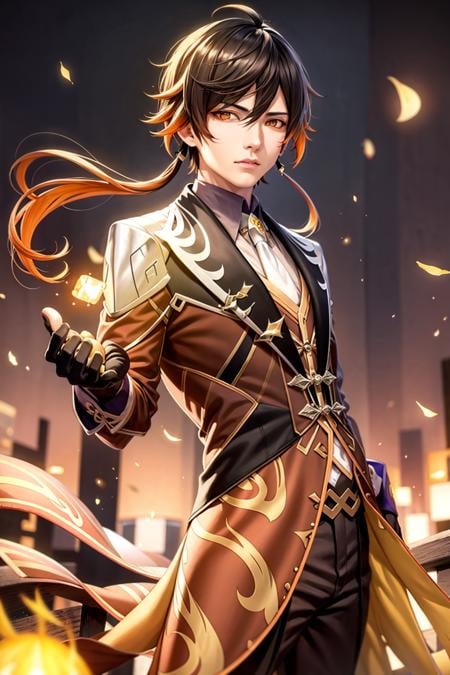 masterpiece, best quality,zhongli (genshin impact), male focus, jewelry, long hair, 1boy, solo, earrings, bangs, gloves, ponytail, black gloves, multicolored hair, brown hair, hair between eyes,simple background, single earring, thumb ring, jacket, tassel earrings, long sleeves, tassel, looking at viewer, cloud, formal, yellow eyes, floating object, gradient hair, suit, black hair, cloudy sky,(kbxll:0.6)