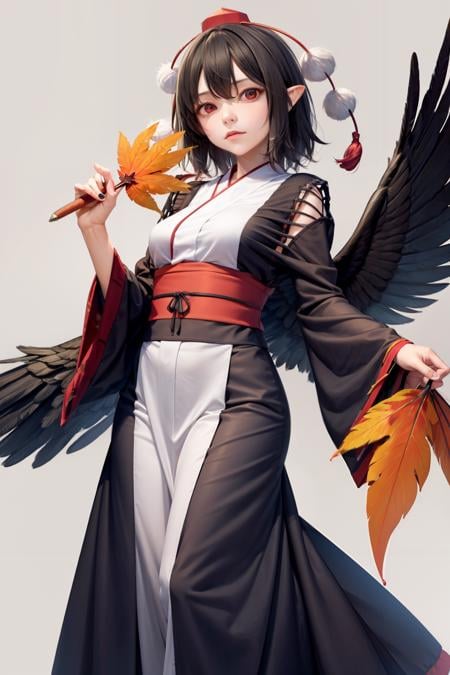 masterpiece, best quality, <lora:shameimaru:1>,aya-c,japanese clothes,1girl, solo, hat, black hair, red eyes, wings, tokin hat, hand fan, black wings, sash, looking at viewer, hauchiwa, obi, short hair, wide sleeves, long sleeves, pom pom (clothes), alternate costume, bird wings, ribbon trim, detached sleeves, ribbon-trimmed sleeves, nail polish, leaf, ribbon, feathered wings, pelvic curtain, holding, simple background